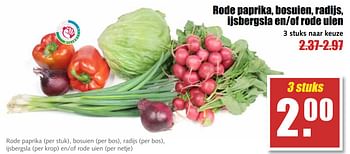 Aanbiedingen Rode paprika, bosuien, radijs, ijsbergsla en-of rode uien - Huismerk - MCD Supermarkten - Geldig van 17/07/2017 tot 22/07/2017 bij MCD Supermarkten