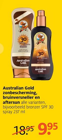 Aanbiedingen Bronzer spf 30 spray - Australian Gold - Geldig van 16/07/2017 tot 30/07/2017 bij Etos