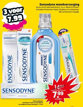 Aanbiedingen Mondwater fresh + cool en tandpasta deep clean gel - Sensodyne - Geldig van 16/07/2017 tot 30/07/2017 bij Trekpleister