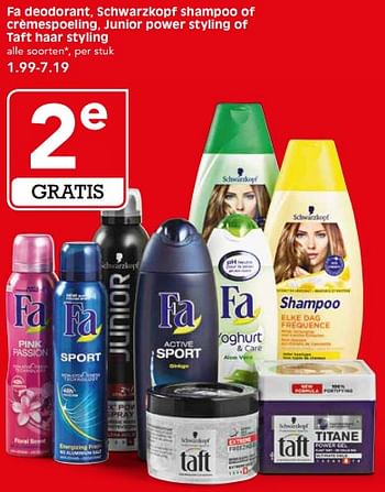 Aanbiedingen Fa deodorant, schwarzkopf shampoo of crèmespoeling, junior power styling of taft haar styling - Huismerk - Em-té - Geldig van 17/07/2017 tot 22/07/2017 bij Em-té