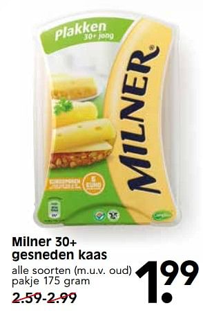 Aanbiedingen Milner 30+ gesneden kaas - Milner - Geldig van 17/07/2017 tot 22/07/2017 bij Em-té