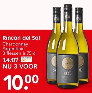 Aanbiedingen Rincón del sol chardonnay argentinië - Witte wijnen - Geldig van 17/07/2017 tot 22/07/2017 bij Em-té