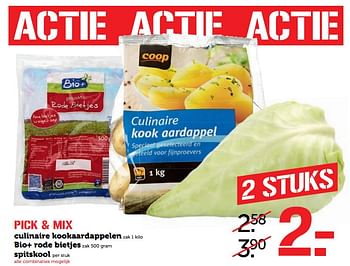Aanbiedingen Pick + mix culinaire kookaardappelen bio+ rode bietjes spitskool - Huismerk - Coop - Geldig van 17/07/2017 tot 23/07/2017 bij Coop