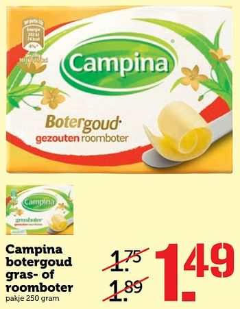 Aanbiedingen Campina botergoud gras- of roomboter - Campina - Geldig van 17/07/2017 tot 23/07/2017 bij Coop