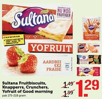 Aanbiedingen Sultana fruitbiscuits, knapperrs, crunchers, yofruit of good morning - Sultana - Geldig van 17/07/2017 tot 23/07/2017 bij Coop