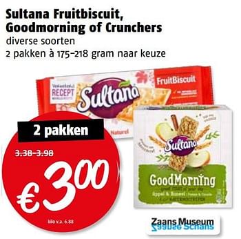 Aanbiedingen Sultana fruitbiscuit, goodmorning of crunchers - Sultana - Geldig van 17/07/2017 tot 23/07/2017 bij Poiesz
