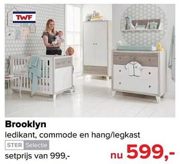 Aanbiedingen Brooklyn ledikant, commode en hang-legkast - TWF - Geldig van 17/07/2017 tot 30/07/2017 bij Baby-Dump