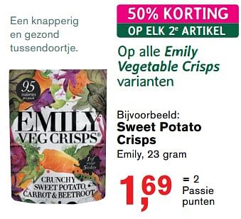 Aanbiedingen Sweet potato crisps - Emily Vegetable Crisps - Geldig van 17/07/2017 tot 06/08/2017 bij Holland & Barrett