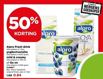 Aanbiedingen Alpro fresh drink, yoghurtvariatie, mild + creamy of go on - Alpro Soya - Geldig van 23/07/2017 tot 29/07/2017 bij Plus