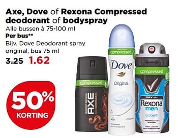 Aanbiedingen Axe, dove of rexona compressed deodorant of bodyspray - Huismerk - Plus - Geldig van 23/07/2017 tot 29/07/2017 bij Plus