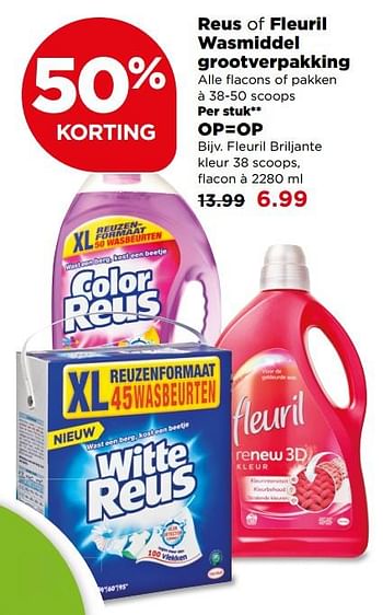 Aanbiedingen Reus of fleuril wasmiddel grootverpakking - Huismerk - Plus - Geldig van 23/07/2017 tot 29/07/2017 bij Plus