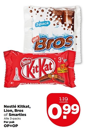 Aanbiedingen Nestlé kitkat, lion, bros of smarties - Nestlé - Geldig van 23/07/2017 tot 29/07/2017 bij Plus