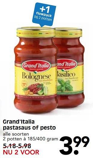 Aanbiedingen Grand`italia pastasaus of pesto - Grand Italia - Geldig van 22/07/2017 tot 29/07/2017 bij Em-té