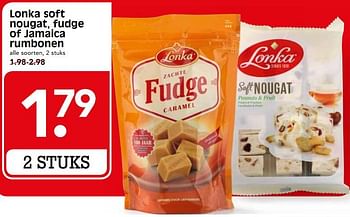 Aanbiedingen Lonka soft nougat, fudge of jamaica rumbonen - Lonka - Geldig van 22/07/2017 tot 29/07/2017 bij Em-té