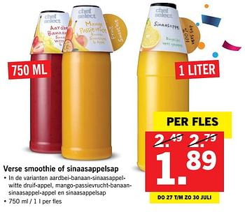 Aanbiedingen Verse smoothie of sinaasappelsap - Chef select - Geldig van 24/01/2017 tot 30/07/2017 bij Lidl
