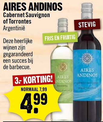 Aanbiedingen Aires andinos cabernet sauvignon of torrontes - Witte wijnen - Geldig van 23/07/2017 tot 30/07/2017 bij Dirk III