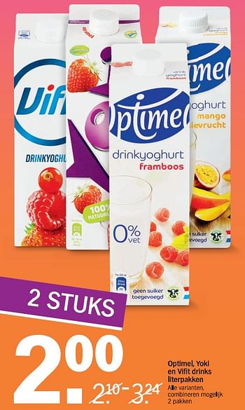Aanbiedingen Optimel yoki en vifit drinks literpakken - Huismerk - Albert Heijn - Geldig van 22/07/2017 tot 29/07/2017 bij Albert Heijn