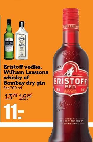 Aanbiedingen Eristoff vodka, william lawsons whisky of bombay dry gin - Huismerk - Coop - Geldig van 24/07/2017 tot 30/07/2017 bij Coop