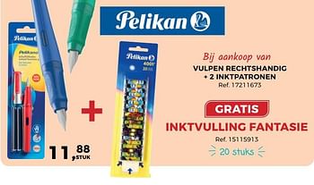 Aanbiedingen Vulpen rechtshandig + 2 inktpatronen - Pelikan - Geldig van 01/08/2017 tot 12/09/2017 bij Supra Bazar