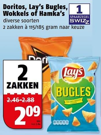 Aanbiedingen Doritos, lay`s bugles, wokkels of hamka`s - Huismerk Poiesz - Geldig van 24/07/2017 tot 30/07/2017 bij Poiesz
