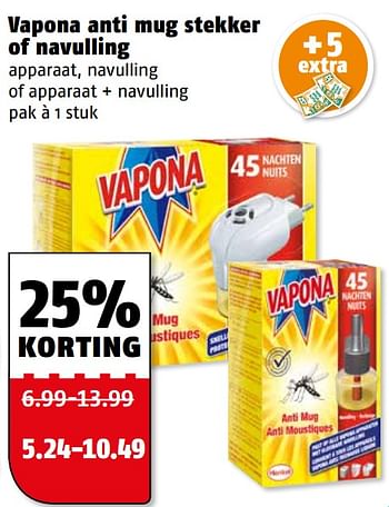 Aanbiedingen Vapona anti mug stekker of navulling apparaat, navulling of apparaat + navulling - Vapona - Geldig van 24/07/2017 tot 30/07/2017 bij Poiesz