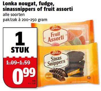 Aanbiedingen Lonka nougat, fudge, sinassnippers of fruit assorti - Lonka - Geldig van 24/07/2017 tot 30/07/2017 bij Poiesz