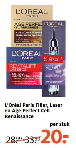 Aanbiedingen L`oréal paris filler, laser en age perfect cell renaissance - L'Oreal Paris - Geldig van 24/07/2017 tot 30/07/2017 bij Etos