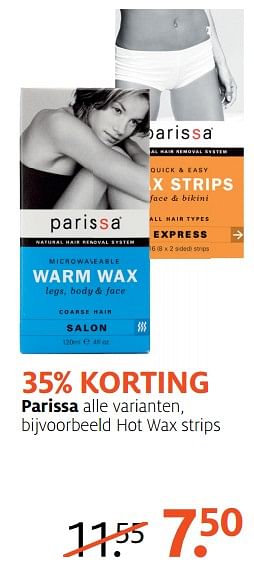 Aanbiedingen Parissa alle varianten, bijvoorbeeld hot wax strips - Parissa - Geldig van 24/07/2017 tot 30/07/2017 bij Etos