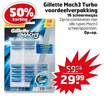 Aanbiedingen Gillette mach3 turbo voordeelverpakking - Gillette - Geldig van 25/07/2017 tot 30/07/2017 bij Trekpleister