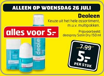 Aanbiedingen Deospray satin dry - Deoleen - Geldig van 25/07/2017 tot 30/07/2017 bij Trekpleister