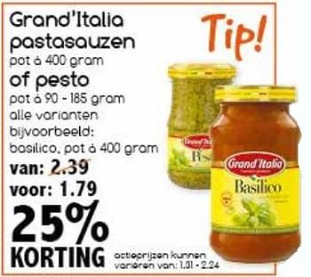 Aanbiedingen Grand`italia pastasauzen of pesto - Grand Italia - Geldig van 24/07/2017 tot 29/07/2017 bij Agrimarkt