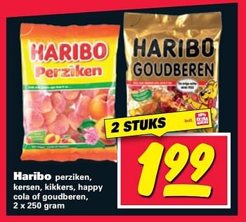 Aanbiedingen Haribo perziken, kersen, kikkers, happy cola of goudberen - Haribo - Geldig van 24/07/2017 tot 30/07/2017 bij Nettorama