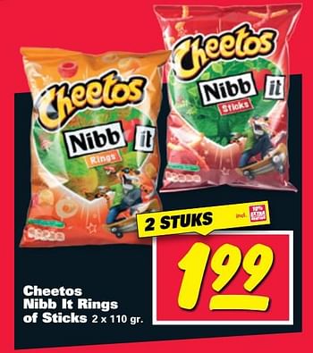 Aanbiedingen Cheetos nibb it rings of sticks - Cheetos  - Geldig van 24/07/2017 tot 30/07/2017 bij Nettorama