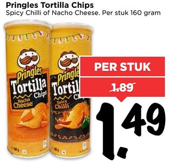 Aanbiedingen Pringles tortilla chips spicy chilli of nacho cheese - Pringles - Geldig van 30/07/2017 tot 05/08/2017 bij Vomar