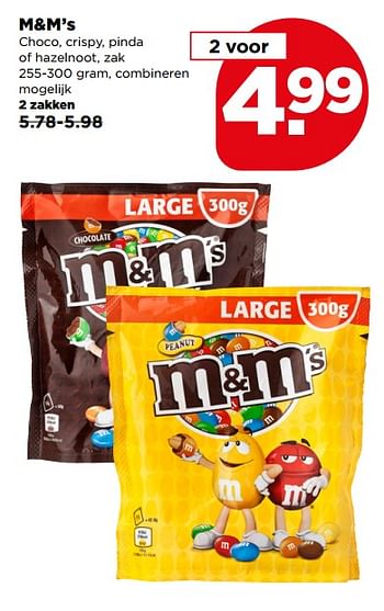 Aanbiedingen M+m`s choco, crispy, pinda of hazelnoot - M&amp;M', s - Geldig van 30/07/2017 tot 05/08/2017 bij Plus