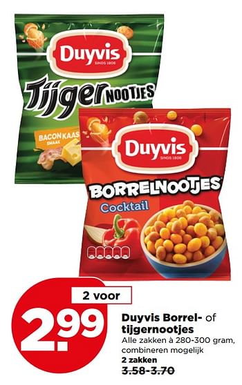 Aanbiedingen Duyvis borrel- of tijgernootjes - Duyvis - Geldig van 30/07/2017 tot 05/08/2017 bij Plus