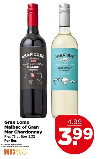 Aanbiedingen Gran lomo malbec of gran mar chardonnay - Rode wijnen - Geldig van 30/07/2017 tot 05/08/2017 bij Plus