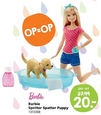 Aanbiedingen Barbie spetter spatter puppy - Mattel - Geldig van 31/07/2017 tot 27/08/2017 bij Intertoys