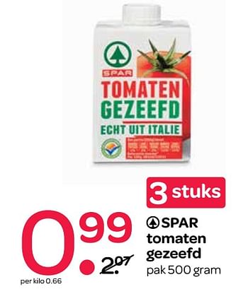 Aanbiedingen Spar tomaten gezeefd - Spar - Geldig van 27/07/2017 tot 09/08/2017 bij Spar
