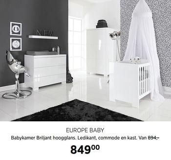 Aanbiedingen Europe baby babykamer briljant hoogglans. ledikant, commode en kast - Europe baby - Geldig van 28/07/2017 tot 28/08/2017 bij Babypark