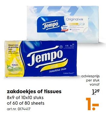 Aanbiedingen Zakdoekjes of tissues - Tempo - Geldig van 29/07/2017 tot 09/08/2017 bij Blokker