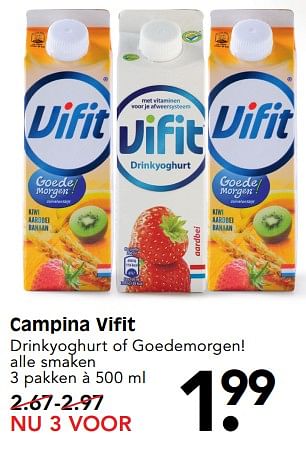 Aanbiedingen Campina vifit drinkyoghurt of goedemorgen - Campina - Geldig van 30/07/2017 tot 05/08/2017 bij Em-té