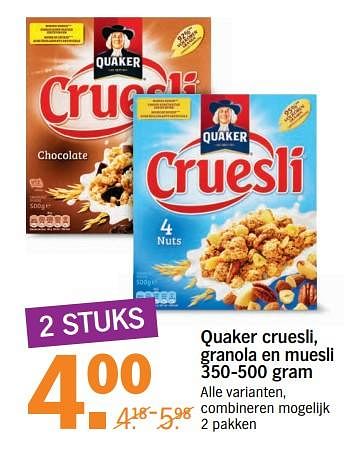Aanbiedingen Quaker cruesli, granola en muesli - Quaker - Geldig van 31/07/2017 tot 06/08/2017 bij Albert Heijn