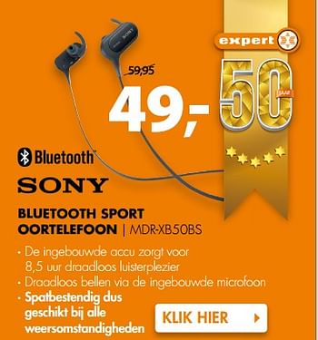 Aanbiedingen Sony bluetooth sport oortelefoon mdr-xb50bs - Sony - Geldig van 31/07/2017 tot 06/08/2017 bij Expert