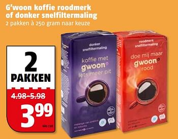 Aanbiedingen G`woon koffie roodmerk of donker snelfiltermaling - Gâ€™woon - Geldig van 31/07/2017 tot 06/08/2017 bij Poiesz