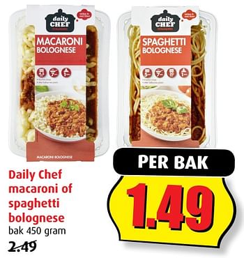 Aanbiedingen Daily chef macaroni of spaghetti bolognese - Daily chef - Geldig van 02/08/2017 tot 08/08/2017 bij Boni Supermarkt