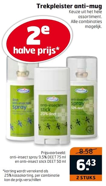 Aanbiedingen Anti-insect spray 9.5% deet en anti-insect stick deet - Huismerk - Trekpleister - Geldig van 01/08/2017 tot 13/08/2017 bij Trekpleister