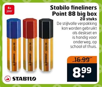 Aanbiedingen Stabilo fineliners point 88 big box - Stabilo - Geldig van 01/08/2017 tot 13/08/2017 bij Trekpleister