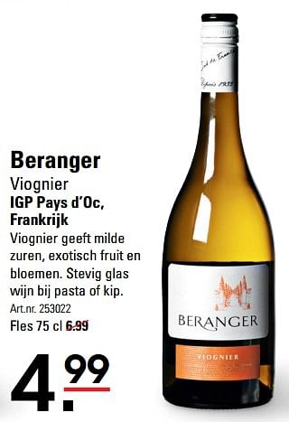 Aanbiedingen Beranger viognier igp pays d`oc, frankrijk - Witte wijnen - Geldig van 01/08/2017 tot 21/08/2017 bij Sligro