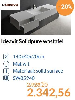 Aanbiedingen Ideavit solidpure wastafel - Ideavit - Geldig van 01/08/2017 tot 31/08/2017 bij Sanitairwinkel